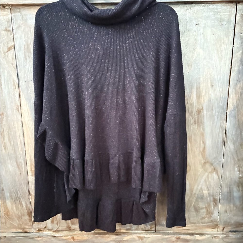 Free People oversized Navy Metallic Gold Shimmer Cowl Neck Ruffle Hem Sweater